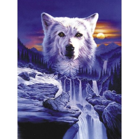 Diamond painting wolf met waterval