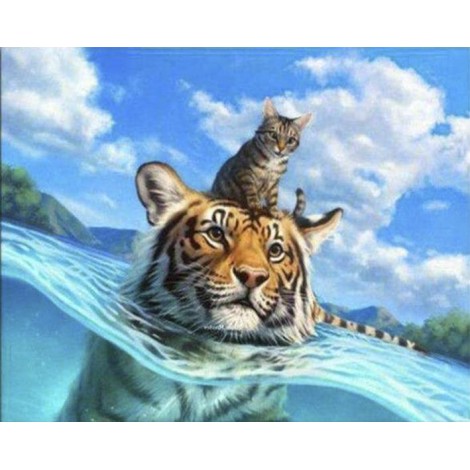 Diamond painting tijger en kat zwemmen