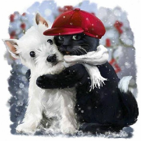 Diamond painting hond en kat in de sneeuw