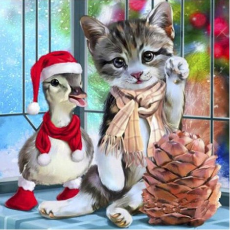 Diamond painting kat en eend met kerst