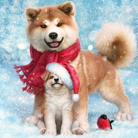 Diamond painting Japanse Akita hond met kerst