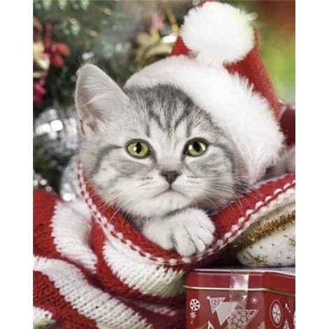 Diamond painting kat met kerstmuts