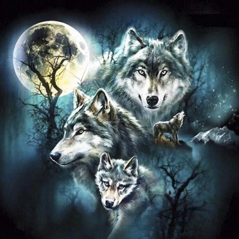 Diamond painting wolven bij volle maan