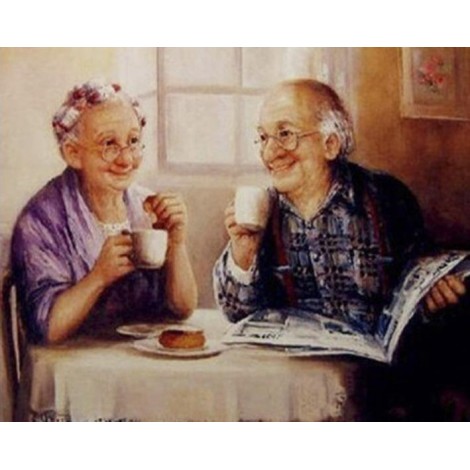 Diamond painting opa en oma drinken koffie