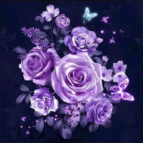 Diamond painting rozen paars met vlinder