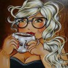Diamond painting dikke dame drinkt koffie