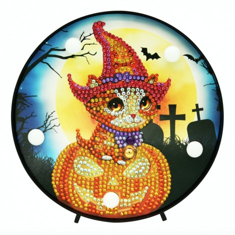 Diamond painting nachtlampje halloween kat op pompoen