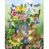 Diamond painting konijnen en vogel bij bloemen