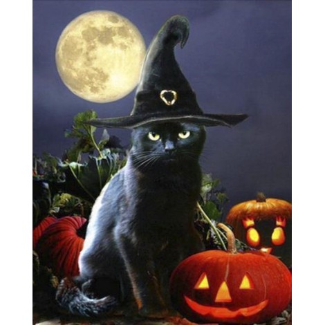 Diamond painting Halloween zwarte kat met hoed