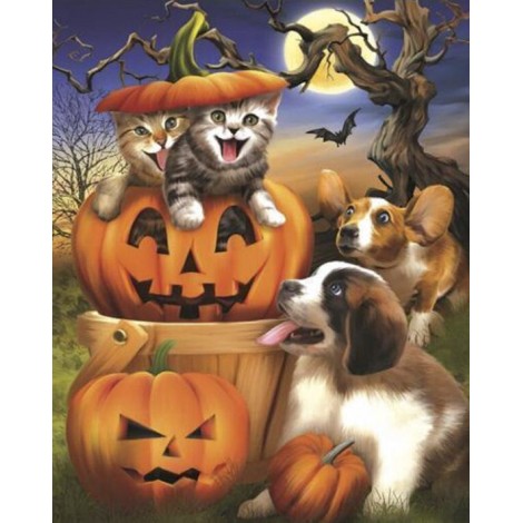 Diamond painting Halloween honden en katten